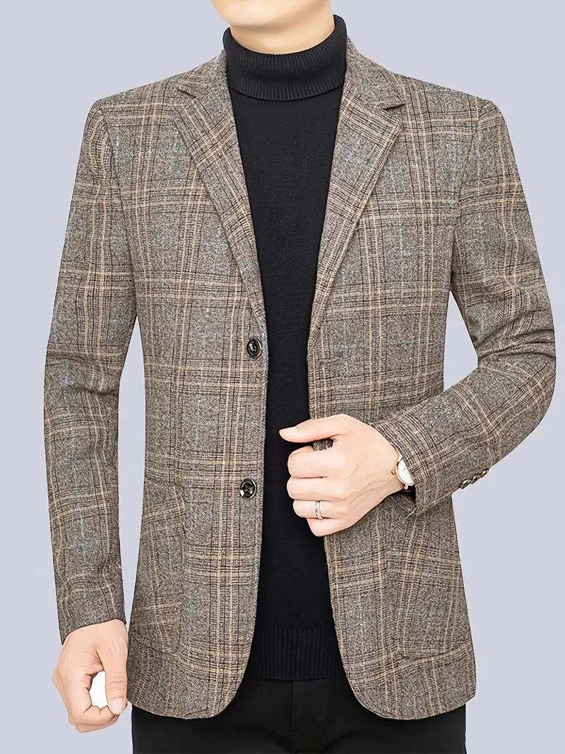 Men's heritage checked blazer jacket, tailored fit for business & smart events. Classic tweed-like pattern.