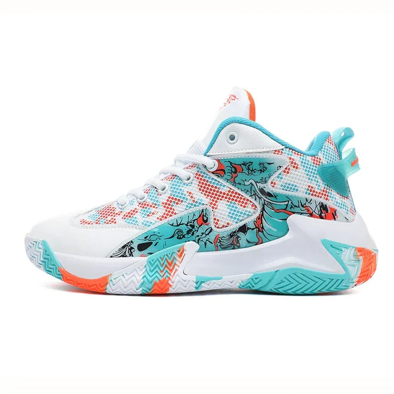 Men's high-top basketball shoes, bold graphic print. Athletic court trainers with ankle support & durable grip.