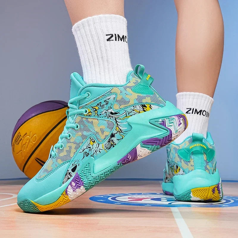 Men's performance high-top basketball shoes, bold graphic design. Athletic footwear for court sports.