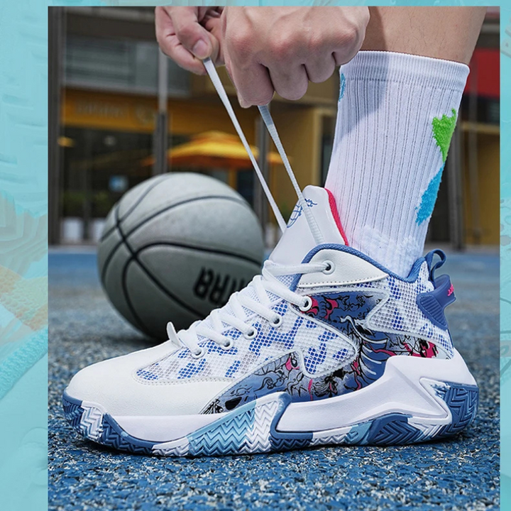 Men's athletic high-top basketball trainers with a bold graphic print & durable grip for court play.