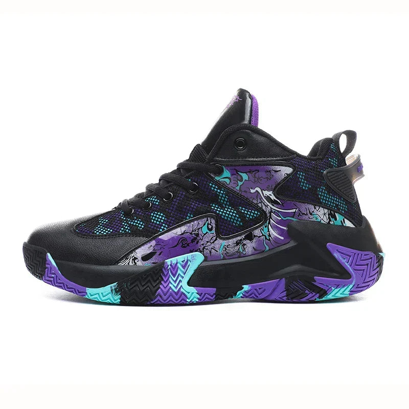 Calvin men's high-top performance shoes, bold graphic print. Basketball court trainers with ankle stability.