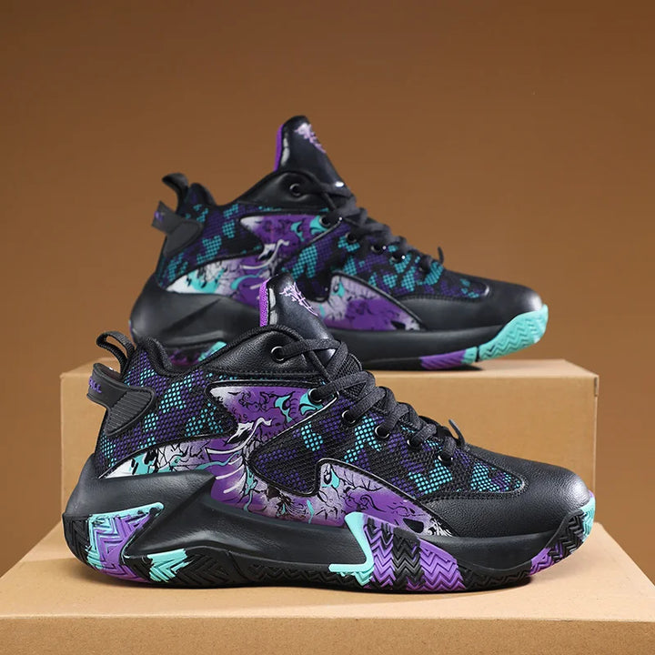 Men's bold graphic high-top sports shoes, perfect for basketball. Offers ankle support & durable grip.