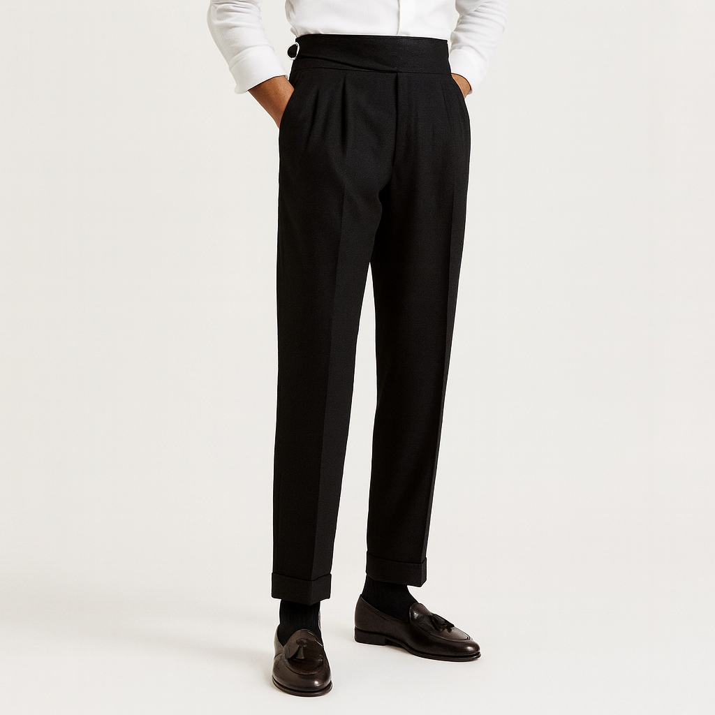 Elegant men's high-waisted tailored trousers featuring pleats, offering a sophisticated look for modern fashion.