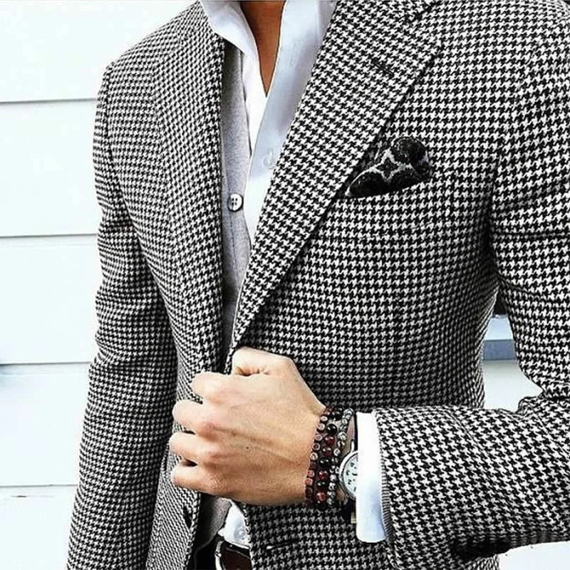 Men's houndstooth check blazer for versatile formal & casual style. Features structured fit, notch lapel. All-season fashion.