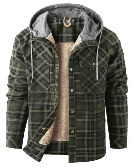 Men's insulated plaid outdoor jacket, water-repellent for cold weather, front view, Ragnar style.