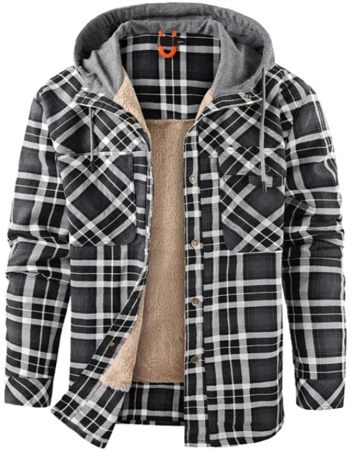 Warm lumberjack style plaid jacket for men, insulated cold weather outerwear.