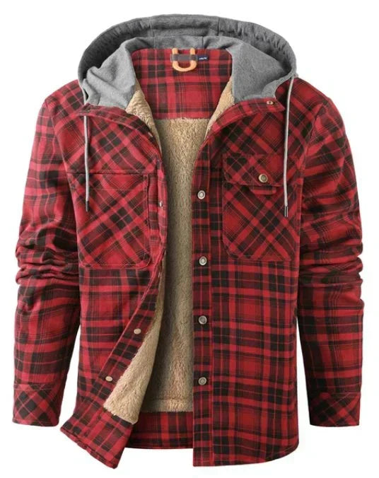 Close-up of men's insulated plaid outdoor jacket fabric, showcasing water-repellent finish.