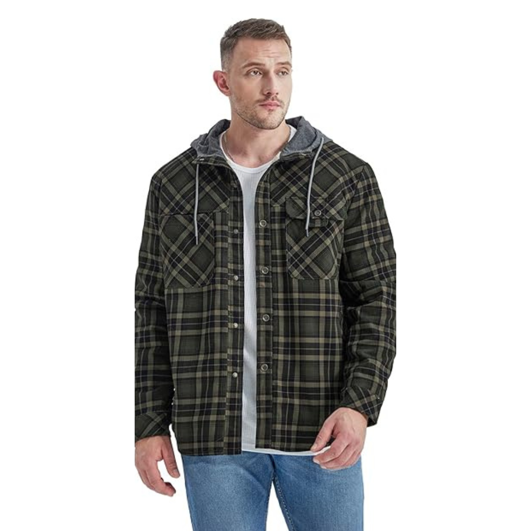 Stylish men's plaid outdoor jacket, insulated for warmth, durable cold weather fashion.