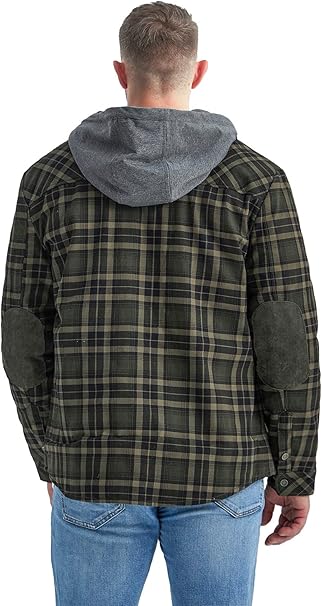 Full shot of a man wearing a plaid insulated outdoor jacket, water-repellent & comfortable.