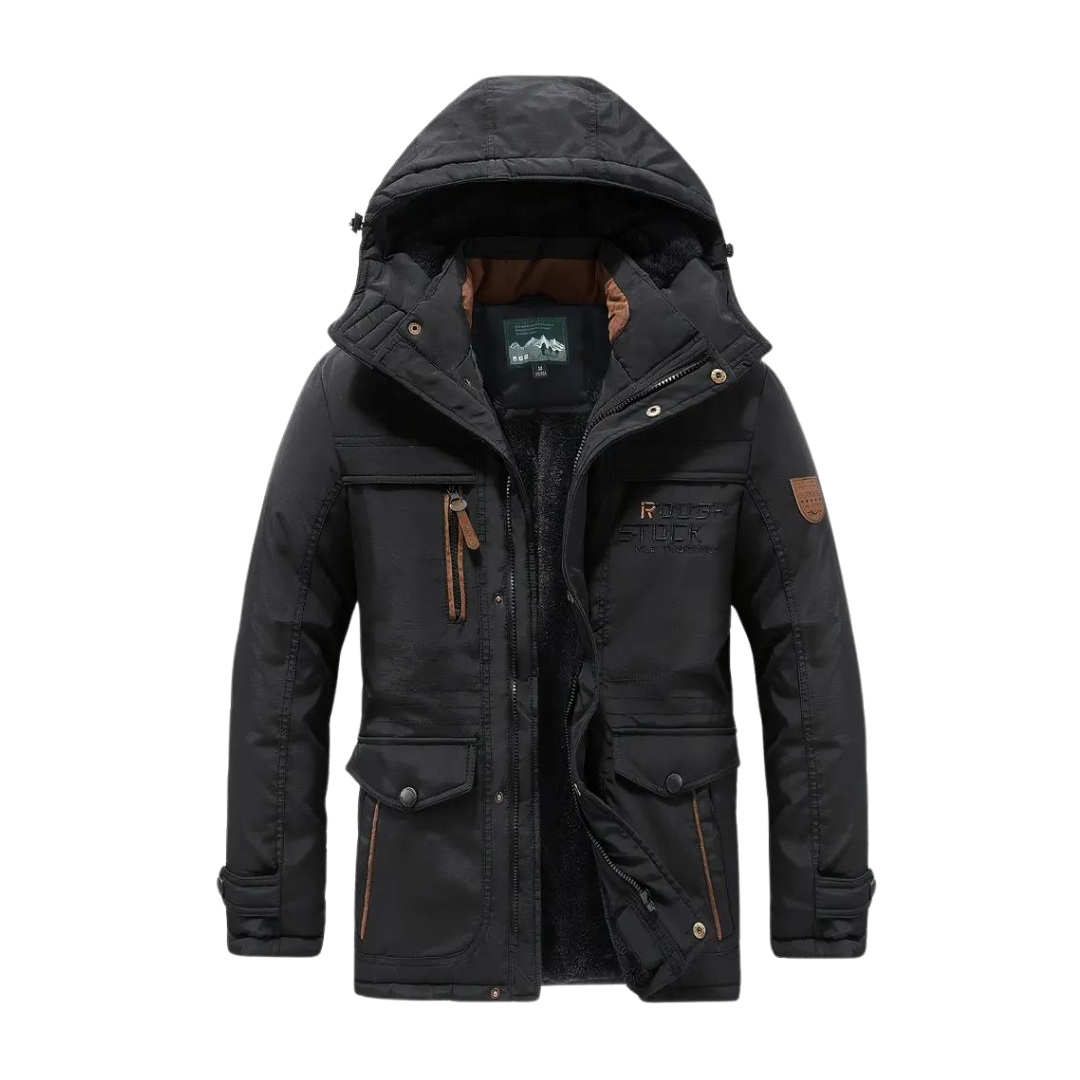 Men's insulated waterproof & windproof outdoor jacket for cold weather protection and hiking.