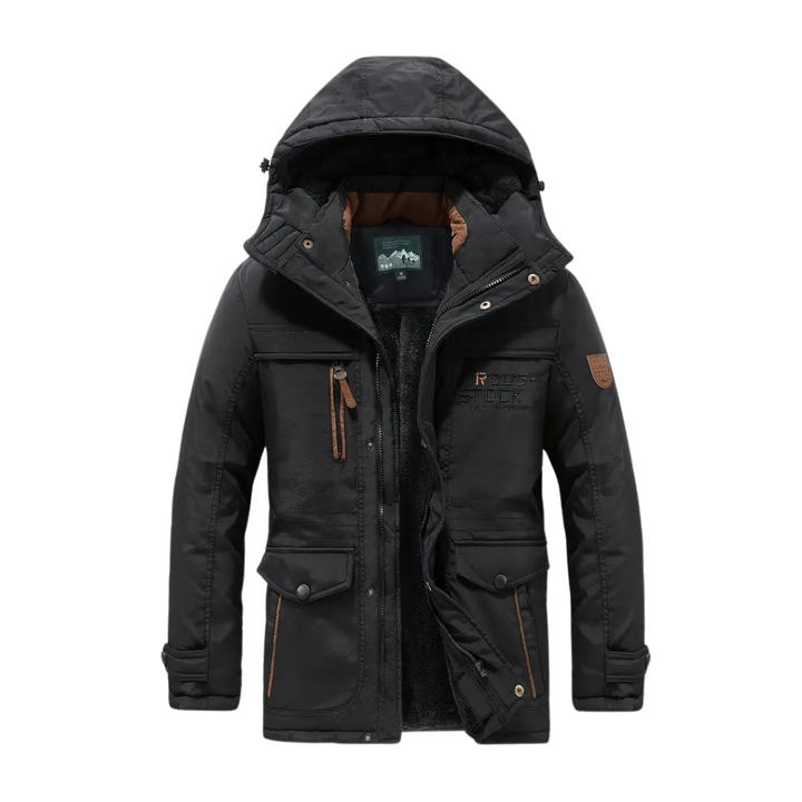 Men's insulated waterproof & windproof outdoor jacket for cold weather protection and hiking.