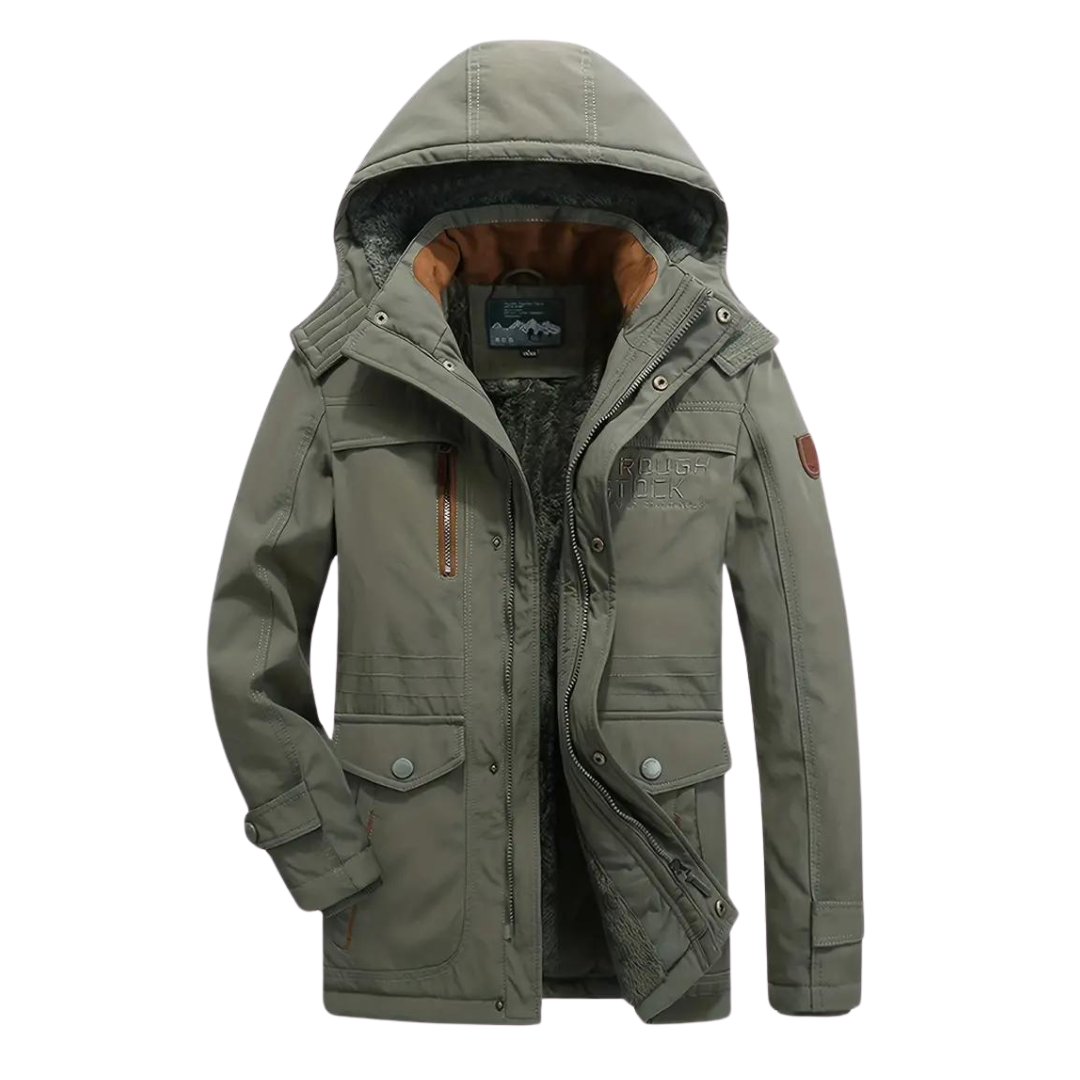 Front view: Men's durable insulated outdoor jacket. Waterproof, windproof, warm for cold weather hiking & outerwear.
