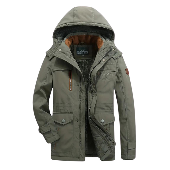 Front view: Men's durable insulated outdoor jacket. Waterproof, windproof, warm for cold weather hiking & outerwear.
