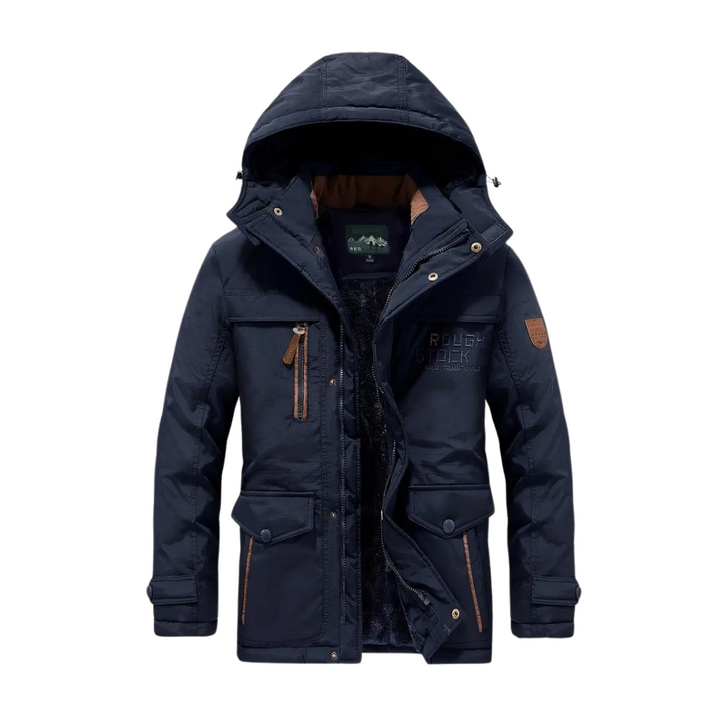Man wearing a waterproof, windproof insulated outdoor jacket for cold weather hiking & autumn activities.