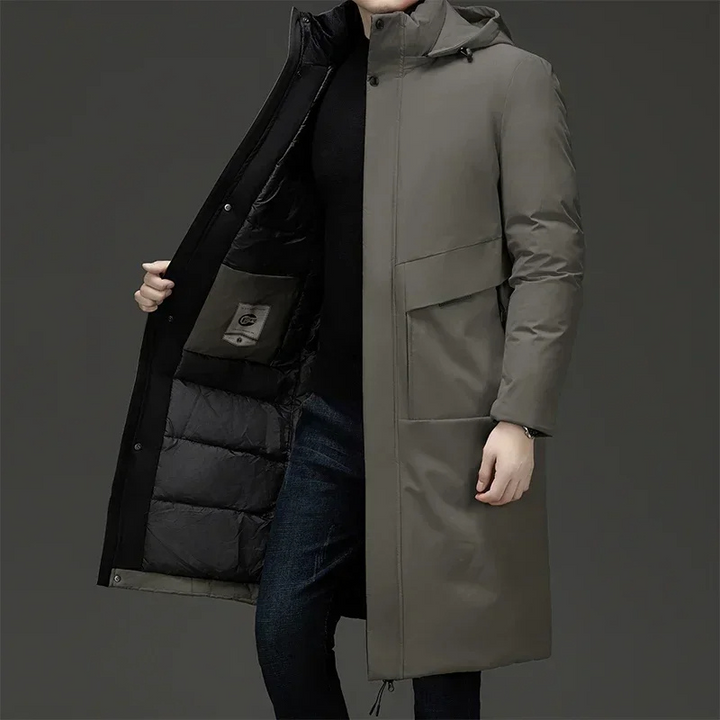 Men's insulated zip-front winter coat in black, perfect for cold weather