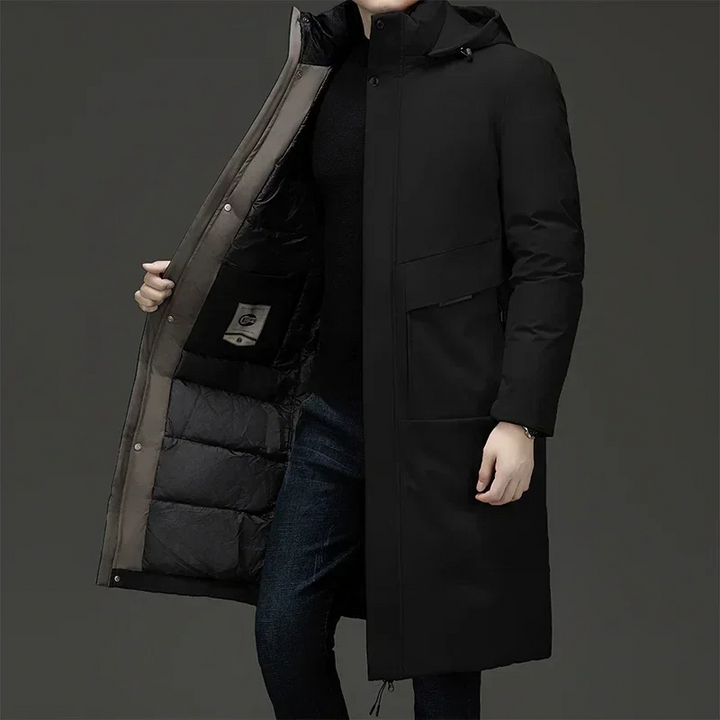 Warm men's winter coat with a full zip front and hood for ultimate cold protection