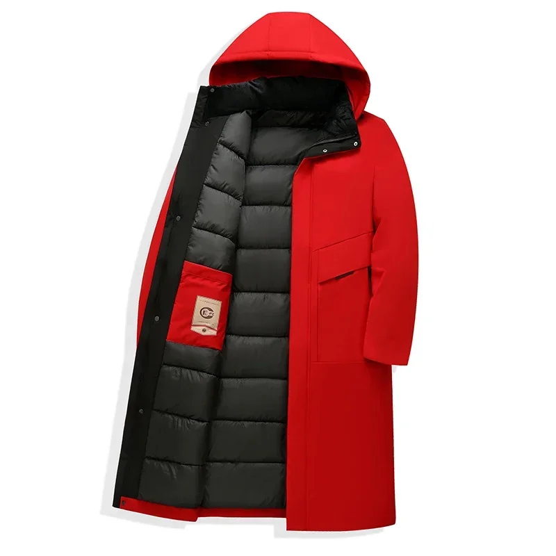Men's cold weather insulated jacket in a dark color, facing forward, full length