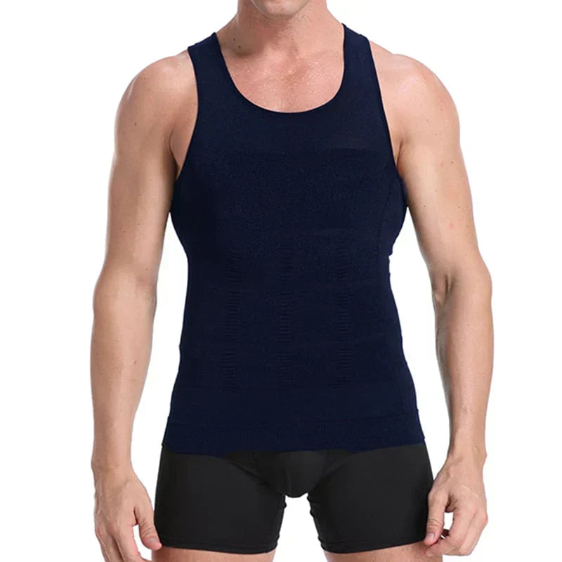 Model showcasing Massimo men's compression undershirt, achieving an instantly slimmer waist and torso.