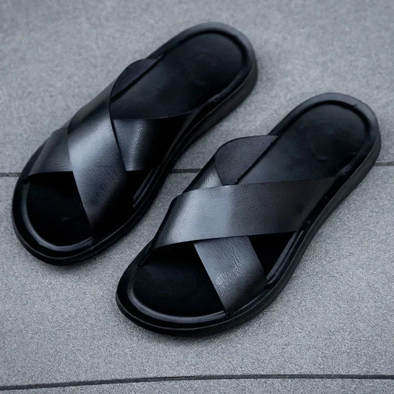 Men's Italian style slip-on leather sandals. Perfect for summer casual wear & comfort.