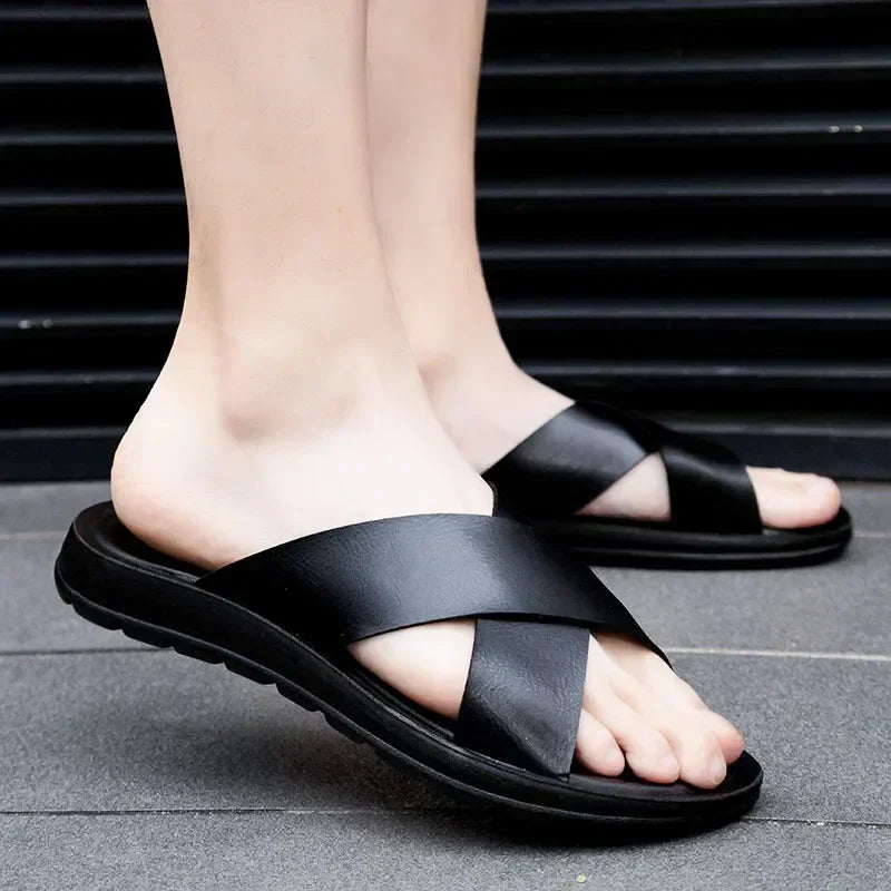 Comfortable men's slip-on leather sandals. Ideal for summer, beach, & everyday casual wear.