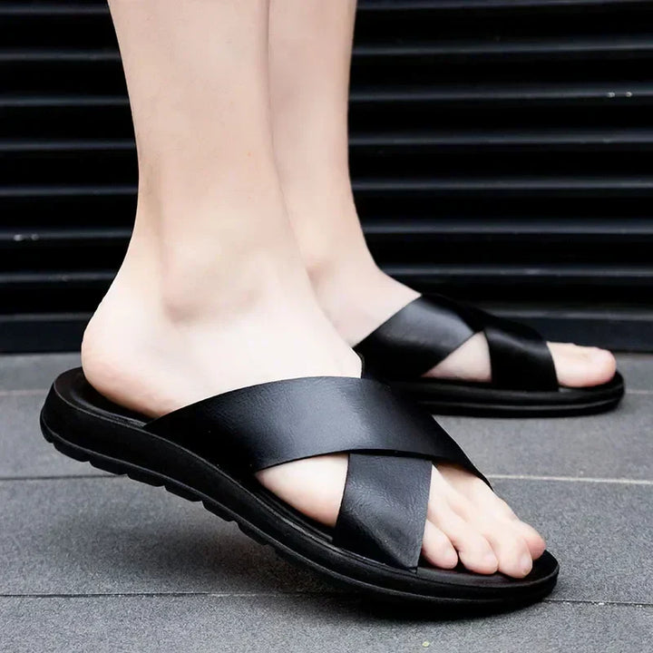 Comfortable men's slip-on leather sandals. Ideal for summer, beach, & everyday casual wear.
