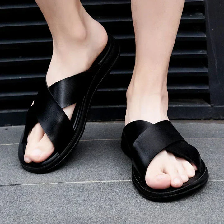 Lorenzo Italian style men's leather slip-on sandals. Stylish summer footwear for casual fashion.