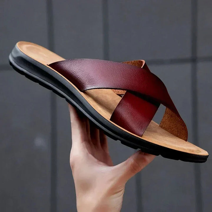 Premium Italian leather men's slip-on sandals. Stylish & comfortable summer casual footwear.