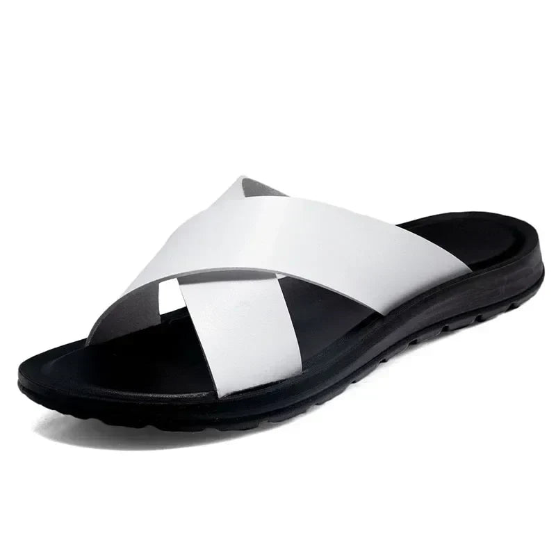 Versatile men's Italian leather slip-on sandals. Perfect summer footwear for casual & beach fashion.