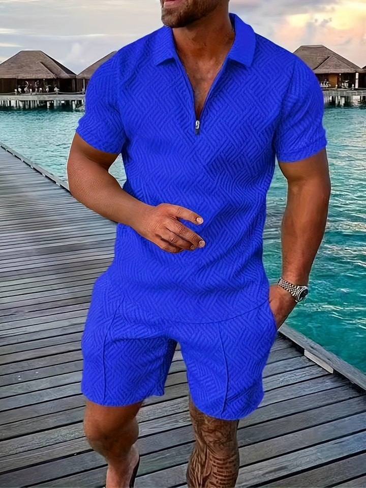 Men's jacquard shirt & shorts set. Stylish two-piece summer outfit with a geometric pattern for casual wear.