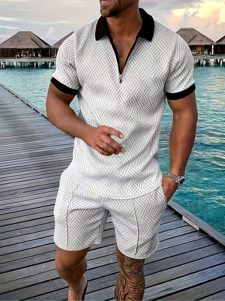 Men's casual two-piece jacquard outfit: short-sleeve shirt & matching shorts. Ideal for beachwear & summer days.
