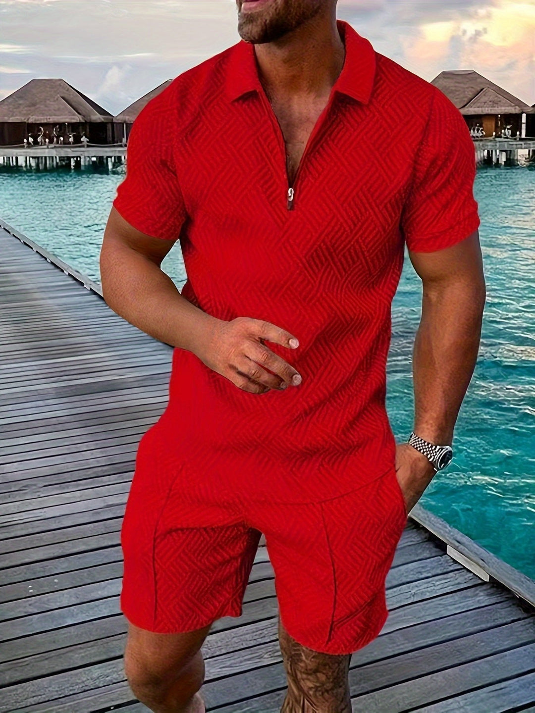 Modern men's jacquard shirt & shorts set. This stylish geometric pattern outfit is perfect for summer casual wear.