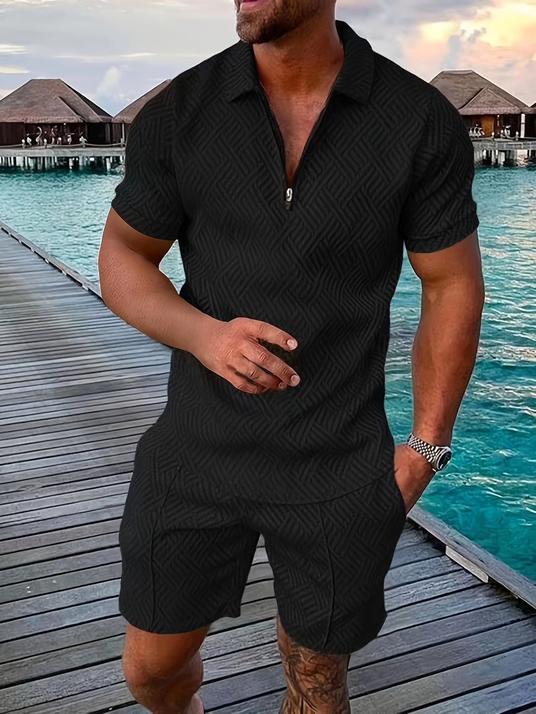 Effortless men's summer style: comfortable jacquard shirt & shorts matching set. Great for vacations & resort wear.