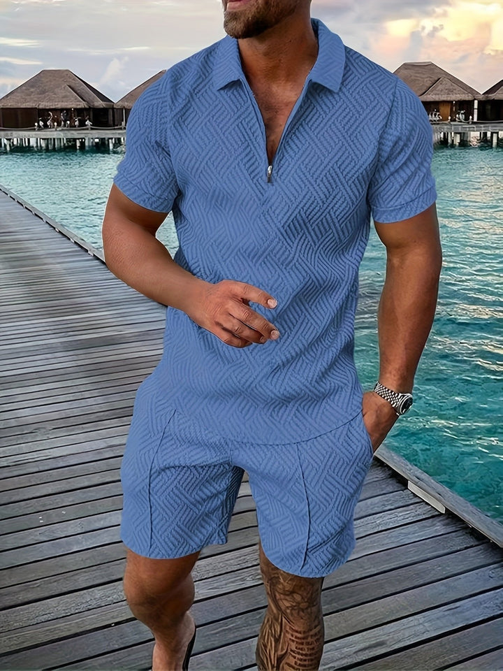 Men's fashion jacquard outfit set. Stylish short-sleeve shirt & matching geometric pattern shorts for summer comfort.