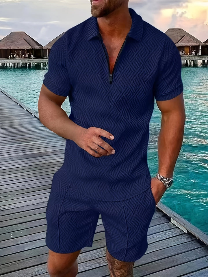 Versatile men's two-piece jacquard set. Stylish shirt & shorts for summer holidays, beach trips, or casual outings.
