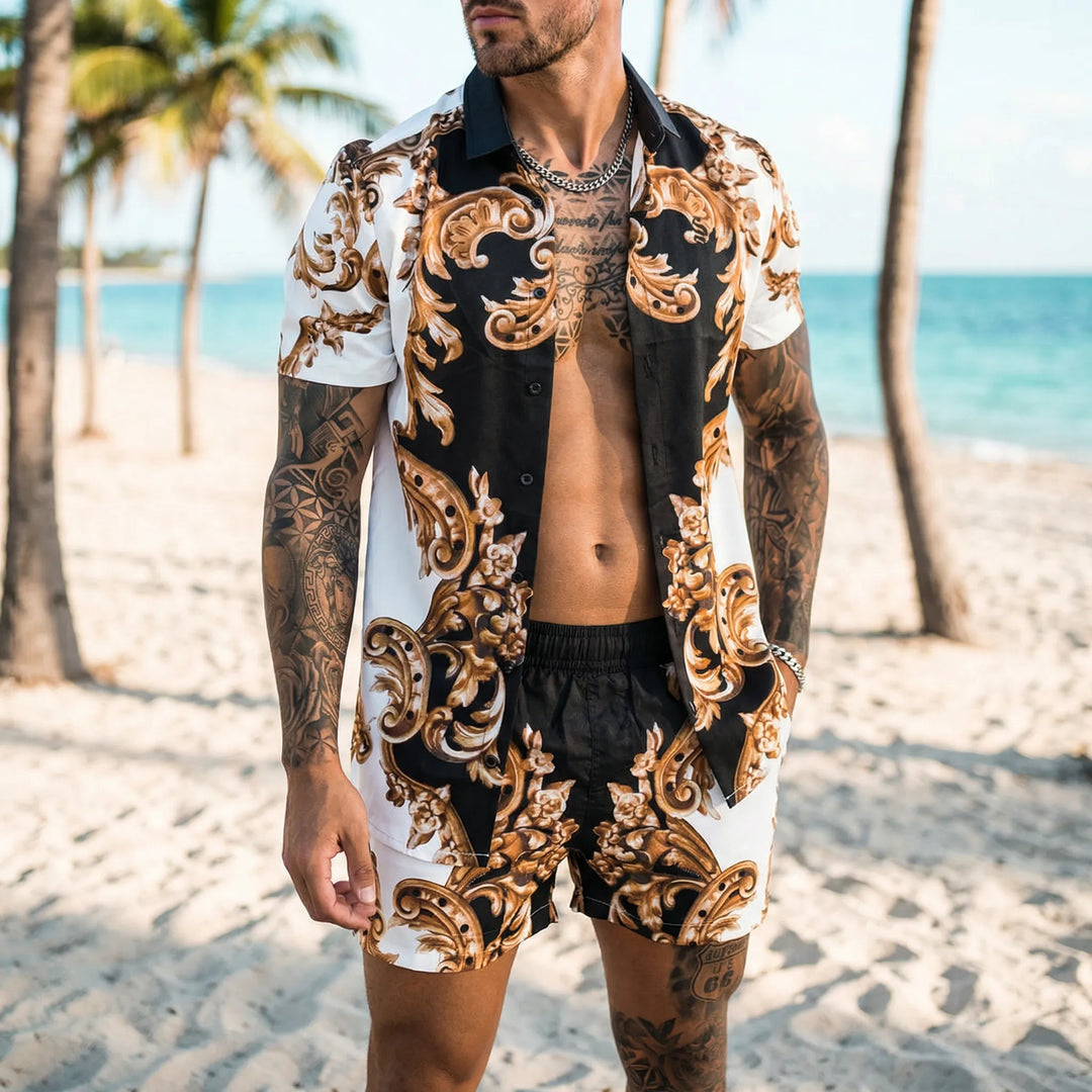 Men's Jamal printed two-piece summer shirt & shorts set, ideal for casual vacation wear.