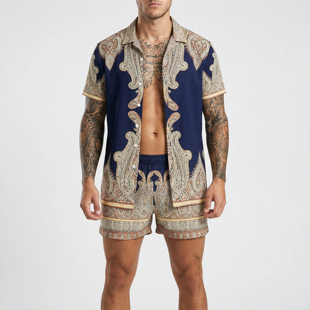 Men's Jamal two-piece outfit with a trendy printed shirt & relaxed shorts, perfect for summer days.
