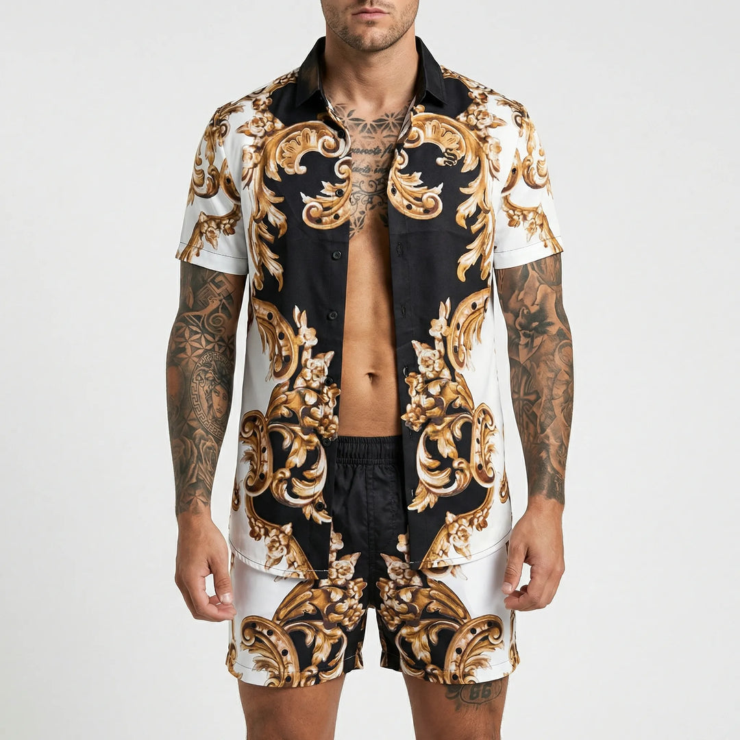 Stylish men's summer set with relaxed fit printed shirt & matching shorts, perfect for beach outfits.