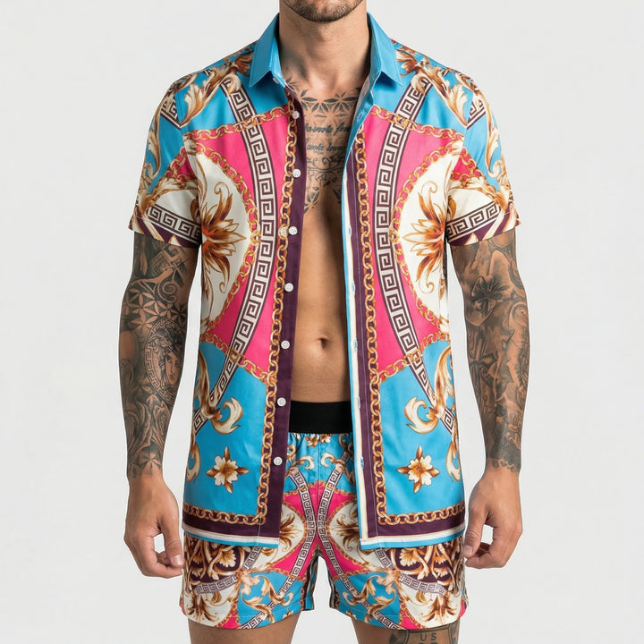 Relaxed fit men's printed shorts, matching a summer shirt for a complete two-piece vacation set.