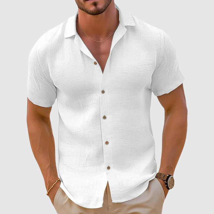 Khaki men's casual short sleeve linen shirt, a versatile button down for spring fashion.