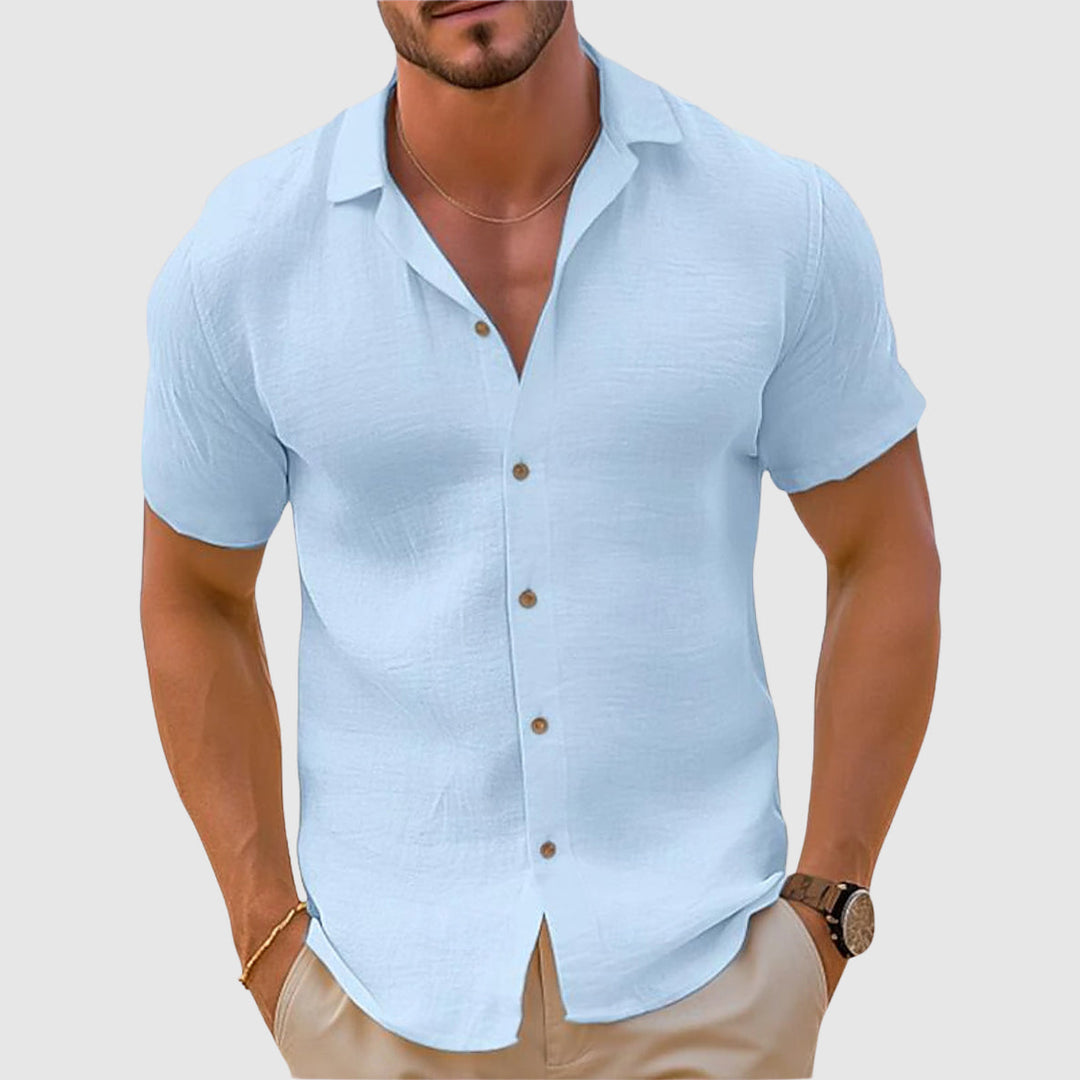 Stylish men's khaki linen short sleeve button down shirt, providing comfort and style for men's apparel.