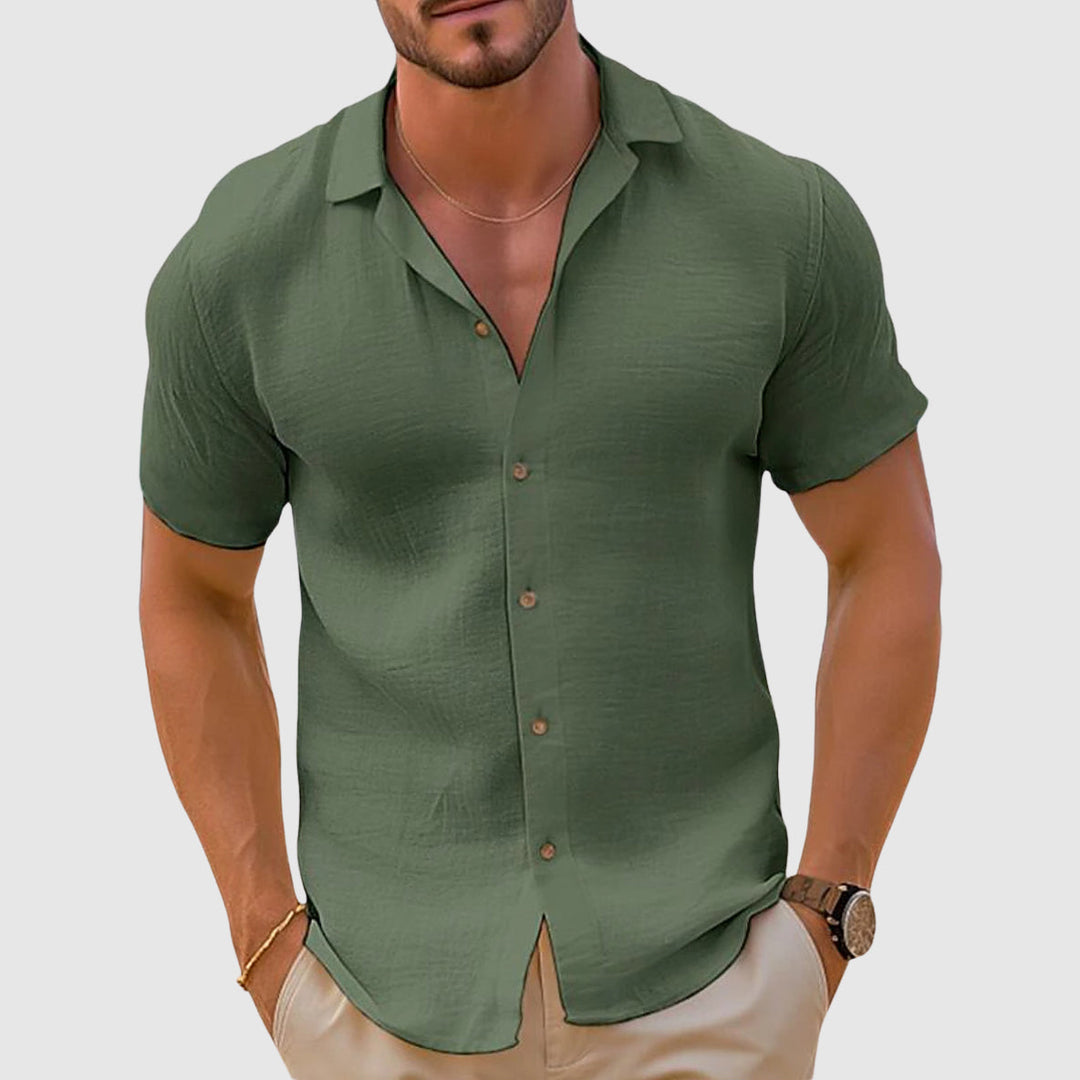 Front view of a men's khaki linen short sleeve button down, a spring fashion essential.
