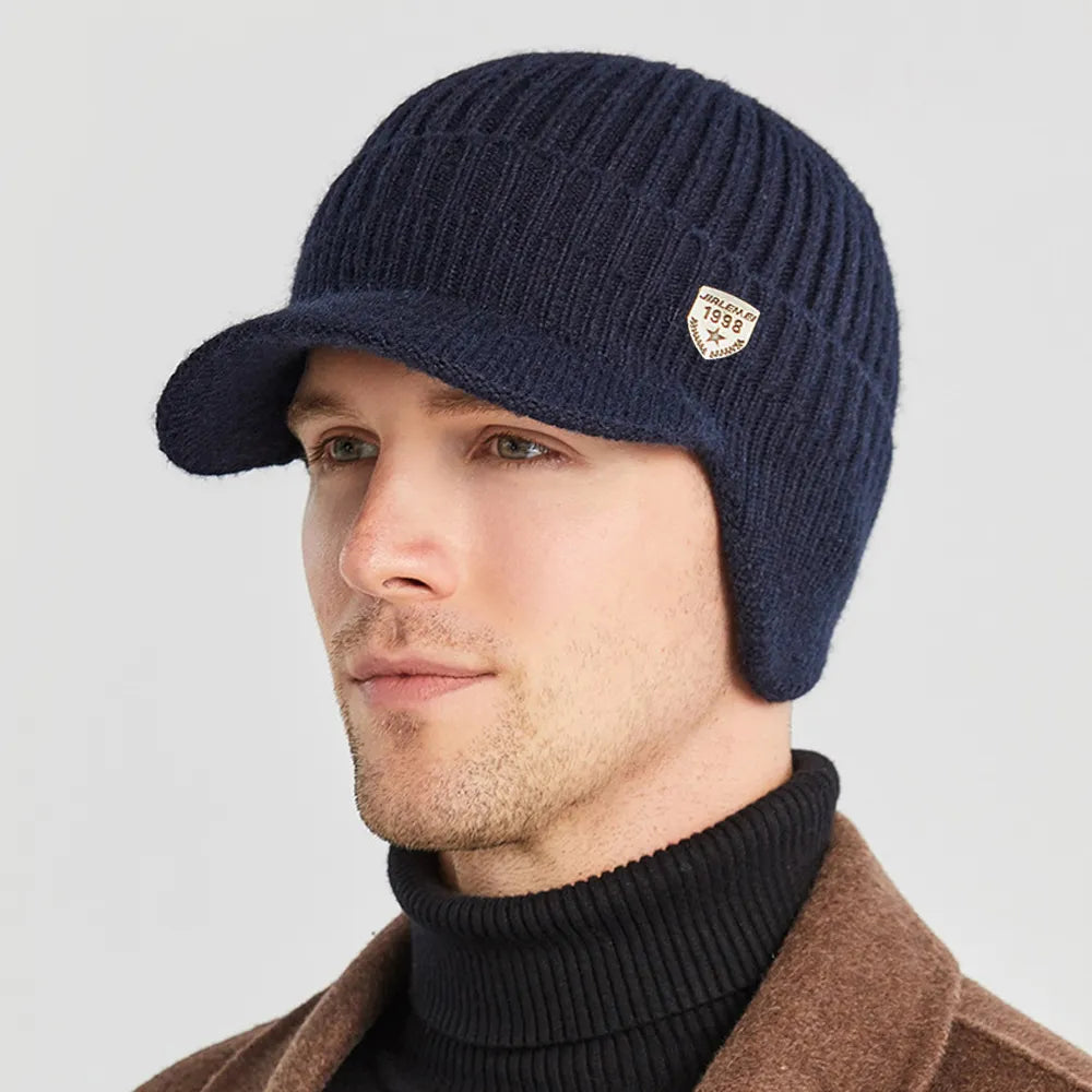 Classic men's acrylic knitted beanie with cozy ear flaps, ideal headwear for ultimate winter warmth.