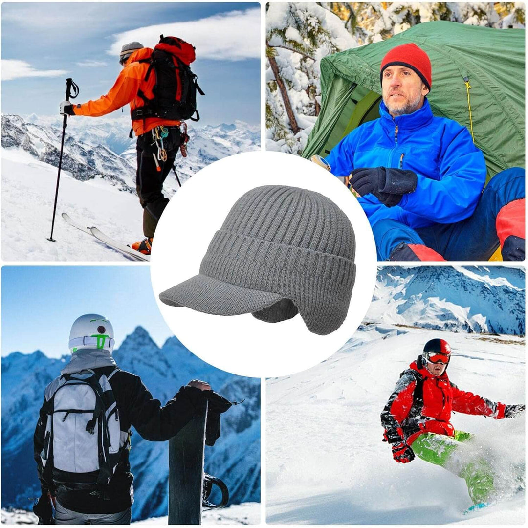 Outdoor men's knitted beanie with ear flaps, ensuring winter warmth and comfort in cold conditions.