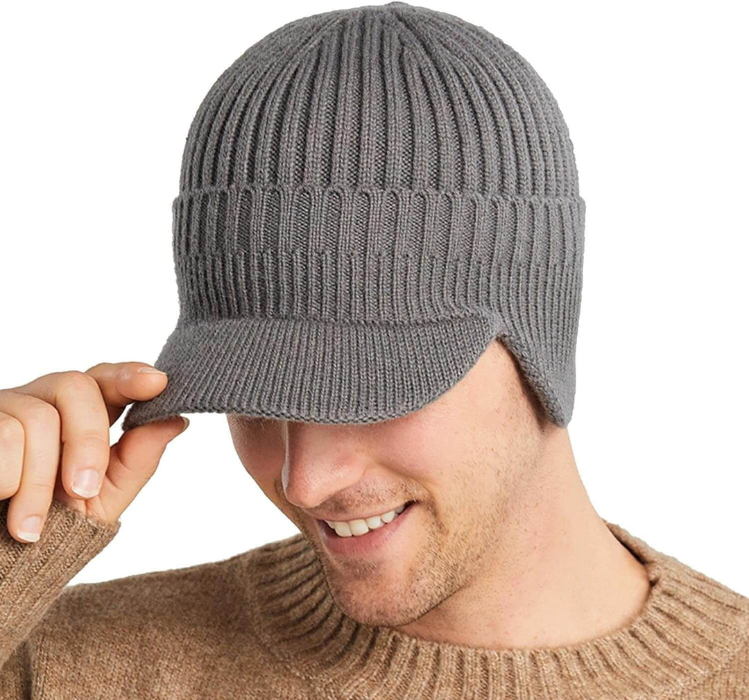 Classic acrylic knitted beanie for men, complete with ear flaps for extra winter warmth & style.