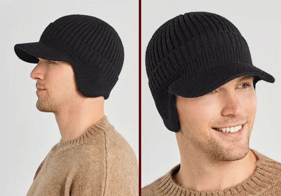 Winter warmth headwear: men's knitted beanie with ear flaps, essential for cold weather outdoor use.