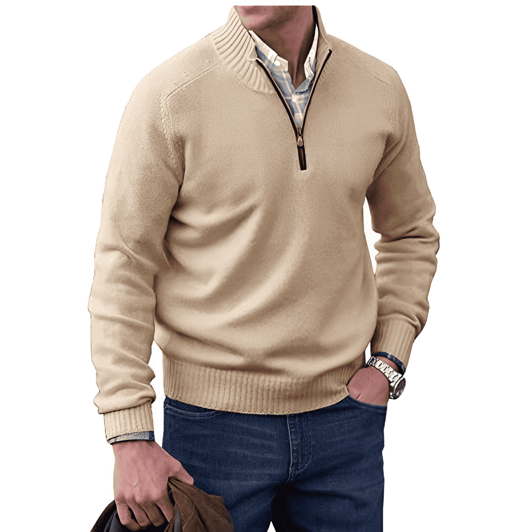 Men's knitted half-zip pullover jumper in classic navy, ideal for casual winter warmth and style.