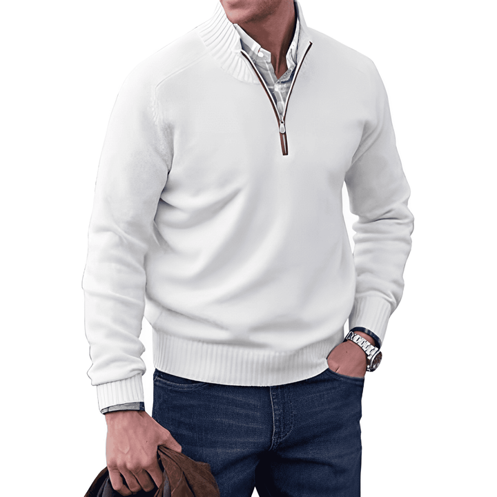 A man wearing a stylish men's knitted half-zip long sleeve jumper, perfect for cold weather.