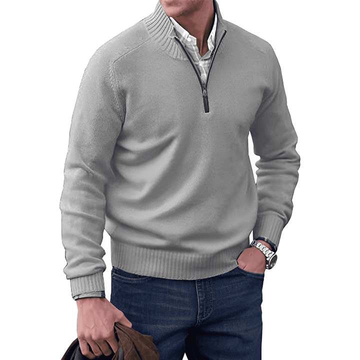 Full-length shot of a men's half-zip pullover jumper, highlighting its versatile and warm design.
