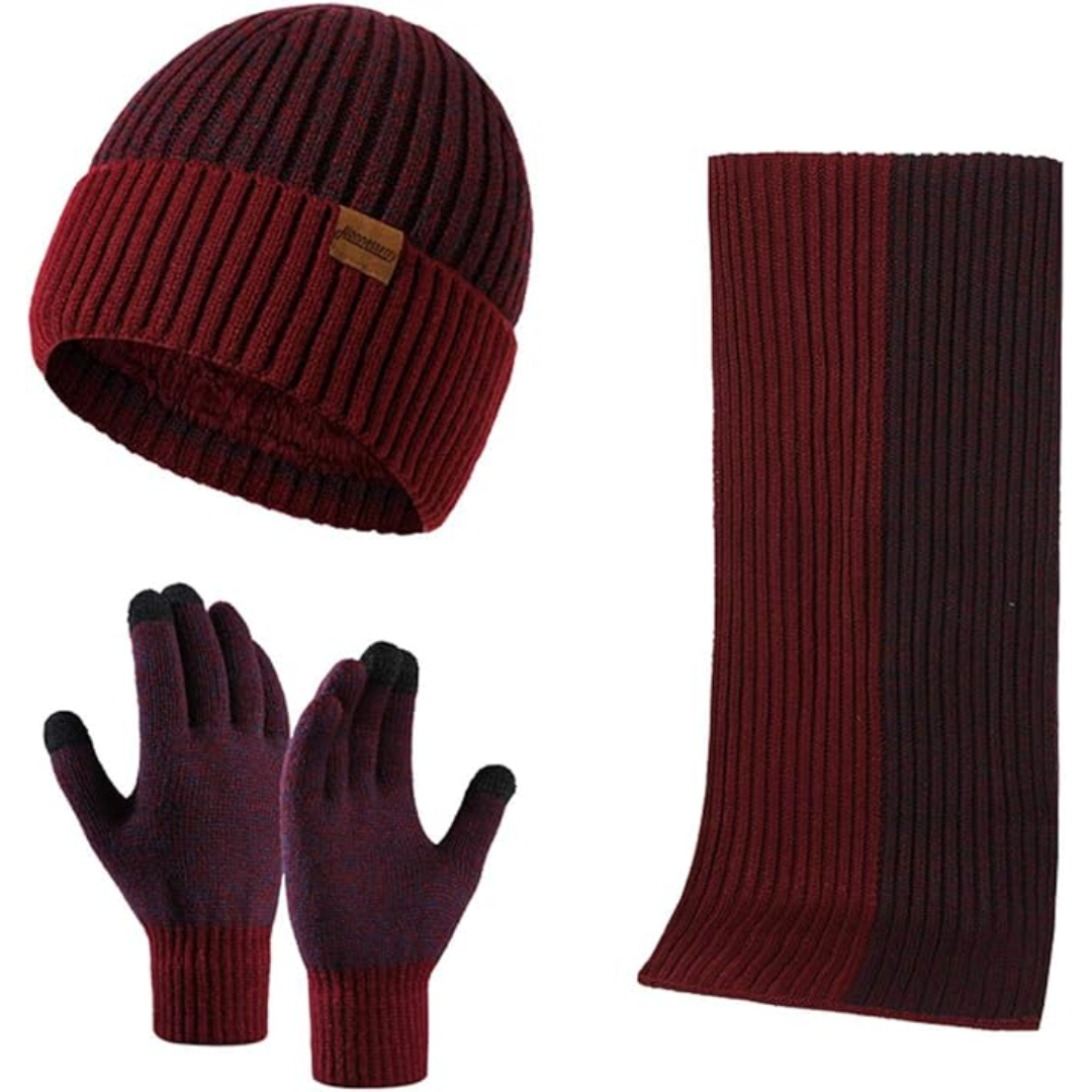 Men's knitted winter beanie, scarf & touchscreen gloves set. Warm & stylish winter accessories.