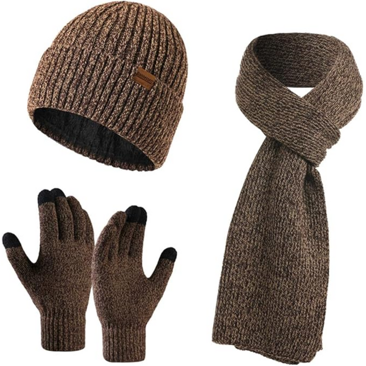 Men's cold weather accessories: Victor beanie, scarf & touchscreen gloves. Stay warm & connected.